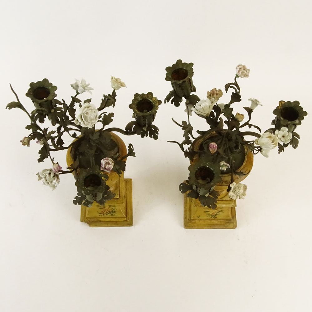 Pair of Early 20th Century Probably Italian Tole and Porcelain 3 Light Candelabra