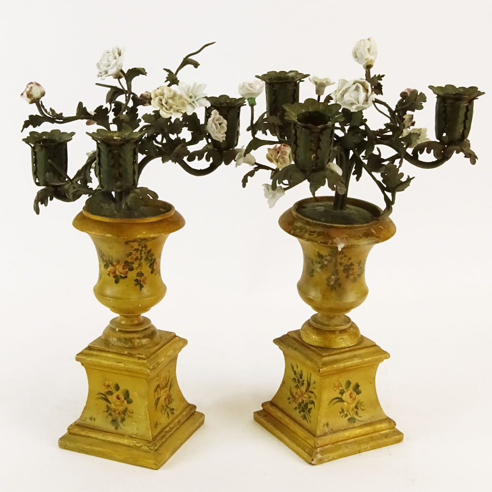 Pair of Early 20th Century Probably Italian Tole and Porcelain 3 Light Candelabra