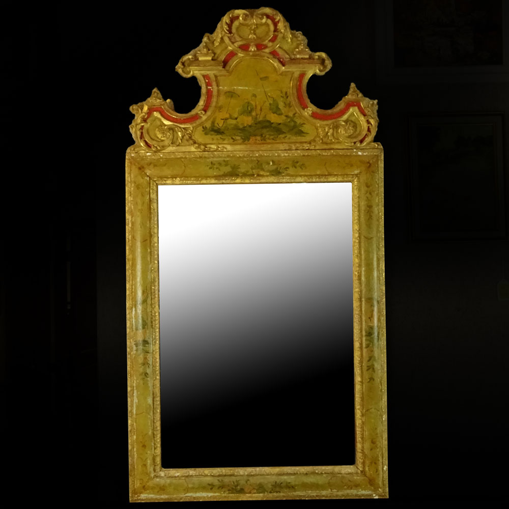 19/20th Century Italian carved, painted and parcel gilt Chinoiserie Style mirror. 