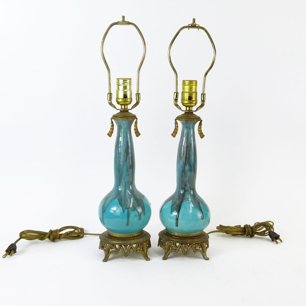 Pair of Circa 1920's Bronze Mounted Porcelain Lamps.