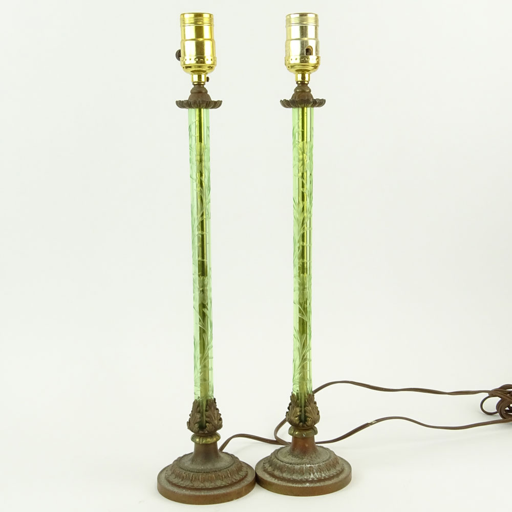 Pair Early 20th Century Etched Glass and Bronze Boudoir Lamps.