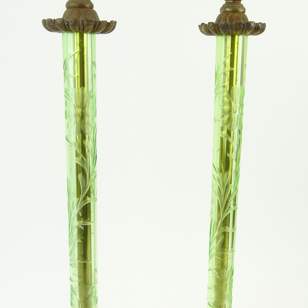 Pair Early 20th Century Etched Glass and Bronze Boudoir Lamps.