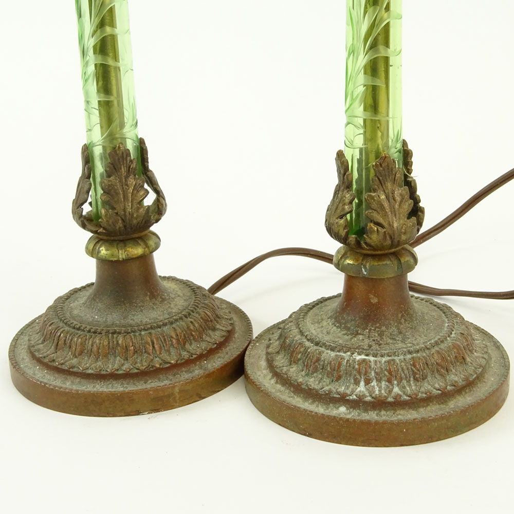 Pair Early 20th Century Etched Glass and Bronze Boudoir Lamps.