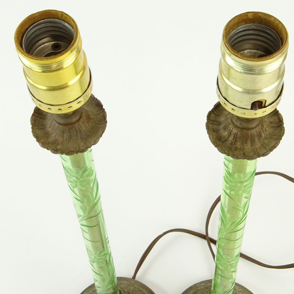 Pair Early 20th Century Etched Glass and Bronze Boudoir Lamps.