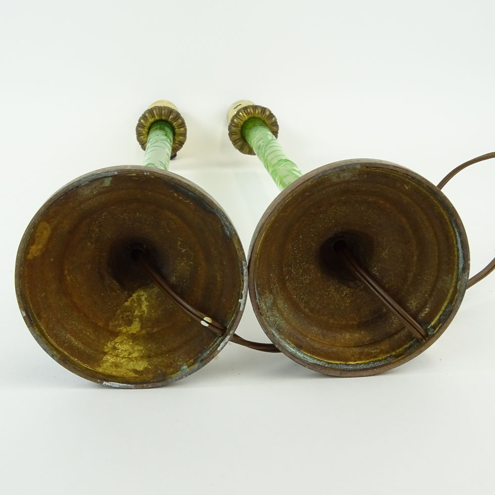 Pair Early 20th Century Etched Glass and Bronze Boudoir Lamps.