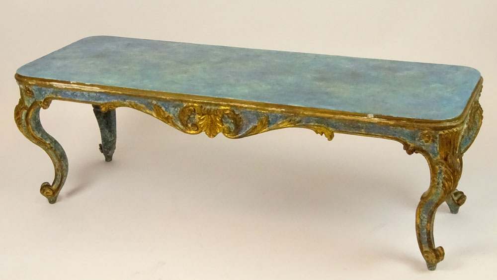 Early to mid 20th Century Venetian style carved painted parcel gilt wood coffee table/bench.