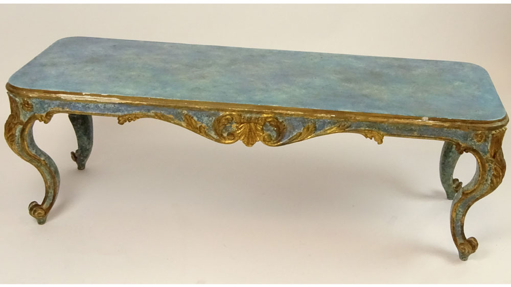 Early to mid 20th Century Venetian style carved painted parcel gilt wood coffee table/bench.
