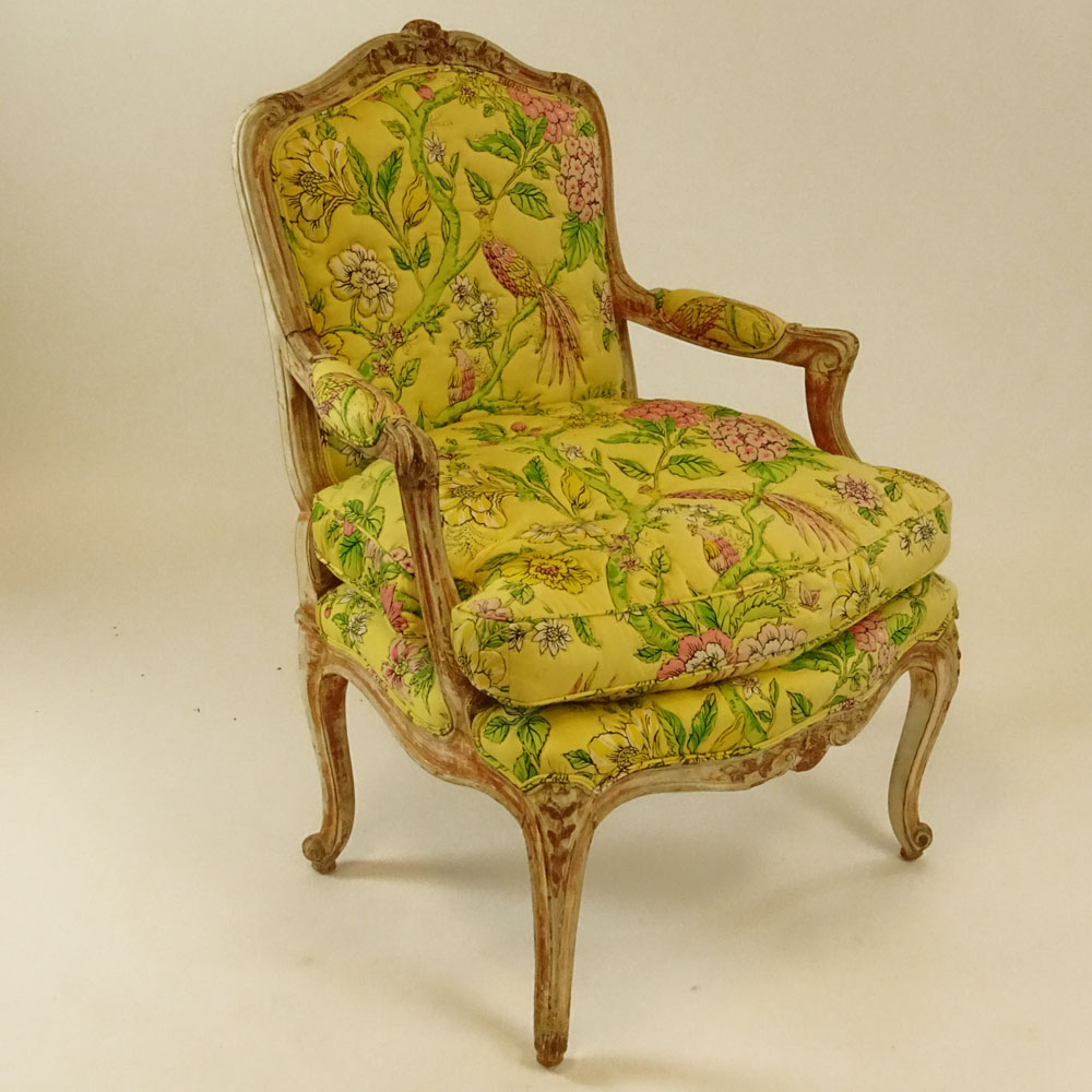 Mid 20th Century Italian Louis XV style carved and distress painted Fauteuil.