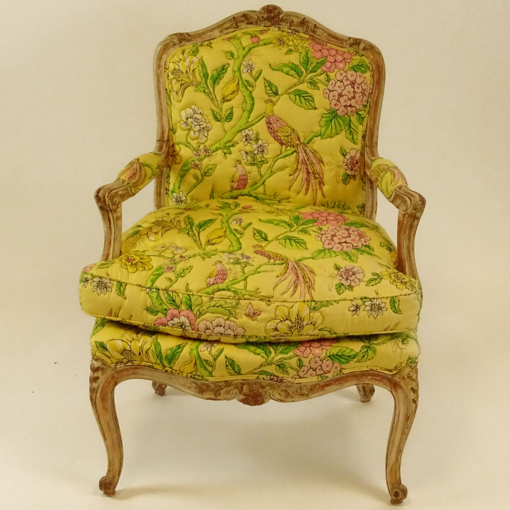 Mid 20th Century Italian Louis XV style carved and distress painted Fauteuil.