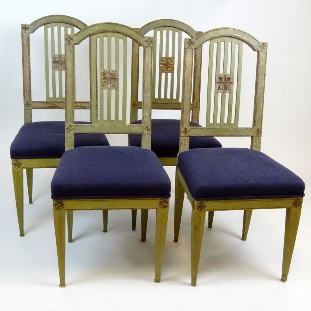 Set of 4 19/20th Century, probably Italian carved and painted wood side chairs. 