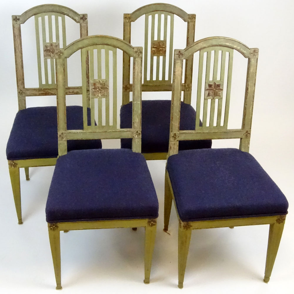 Set of 4 19/20th Century, probably Italian carved and painted wood side chairs. 