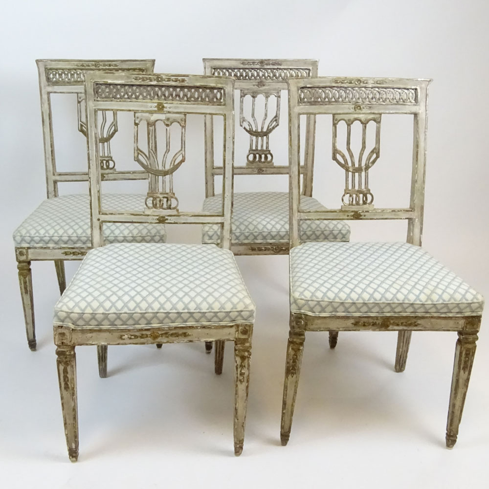 Set of 4 19th Century, probably Italian carved and painted wood side chairs. 