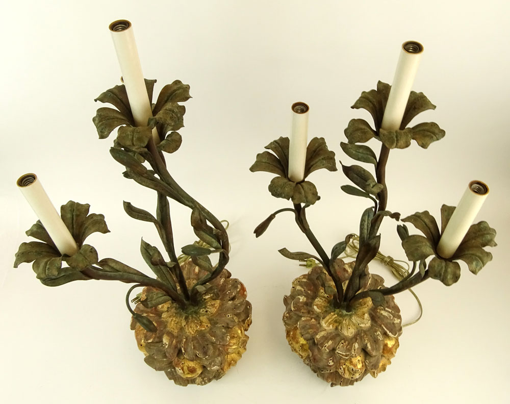 Pair of Early 20th Century Carved Gilt Wood and Painted Tole Three Light Flower Form Candelabra.