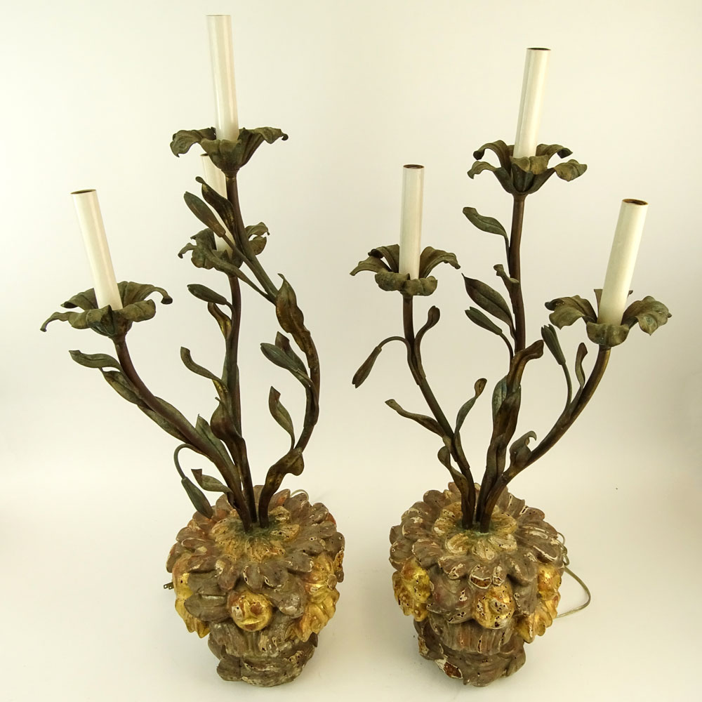 Pair of Early 20th Century Carved Gilt Wood and Painted Tole Three Light Flower Form Candelabra.