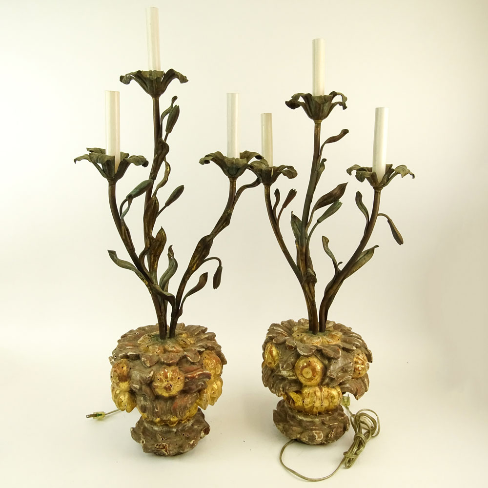 Pair of Early 20th Century Carved Gilt Wood and Painted Tole Three Light Flower Form Candelabra.