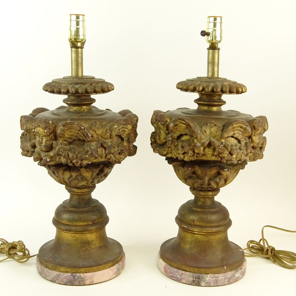 Large Pair of Vintage, Probably Italian Carved Gilt Wood Table Lamps With Marble Bases. 