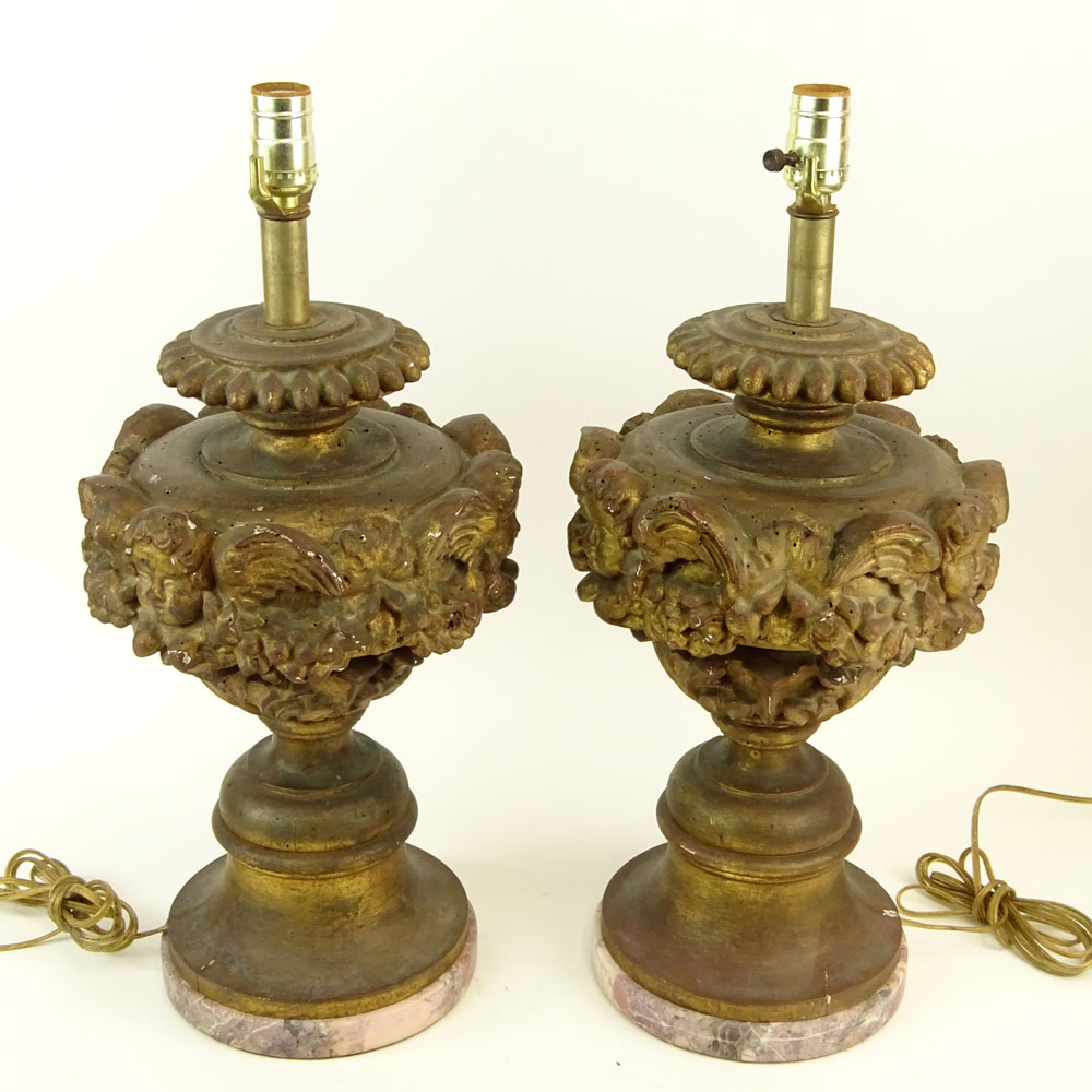 Large Pair of Vintage, Probably Italian Carved Gilt Wood Table Lamps With Marble Bases. 