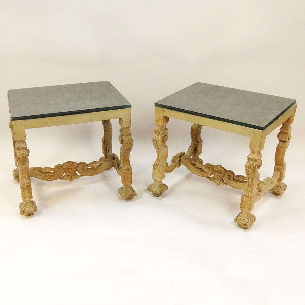 Pair of Mid 20th Century, probably Italian, carved and limed wood glass top side tables. 