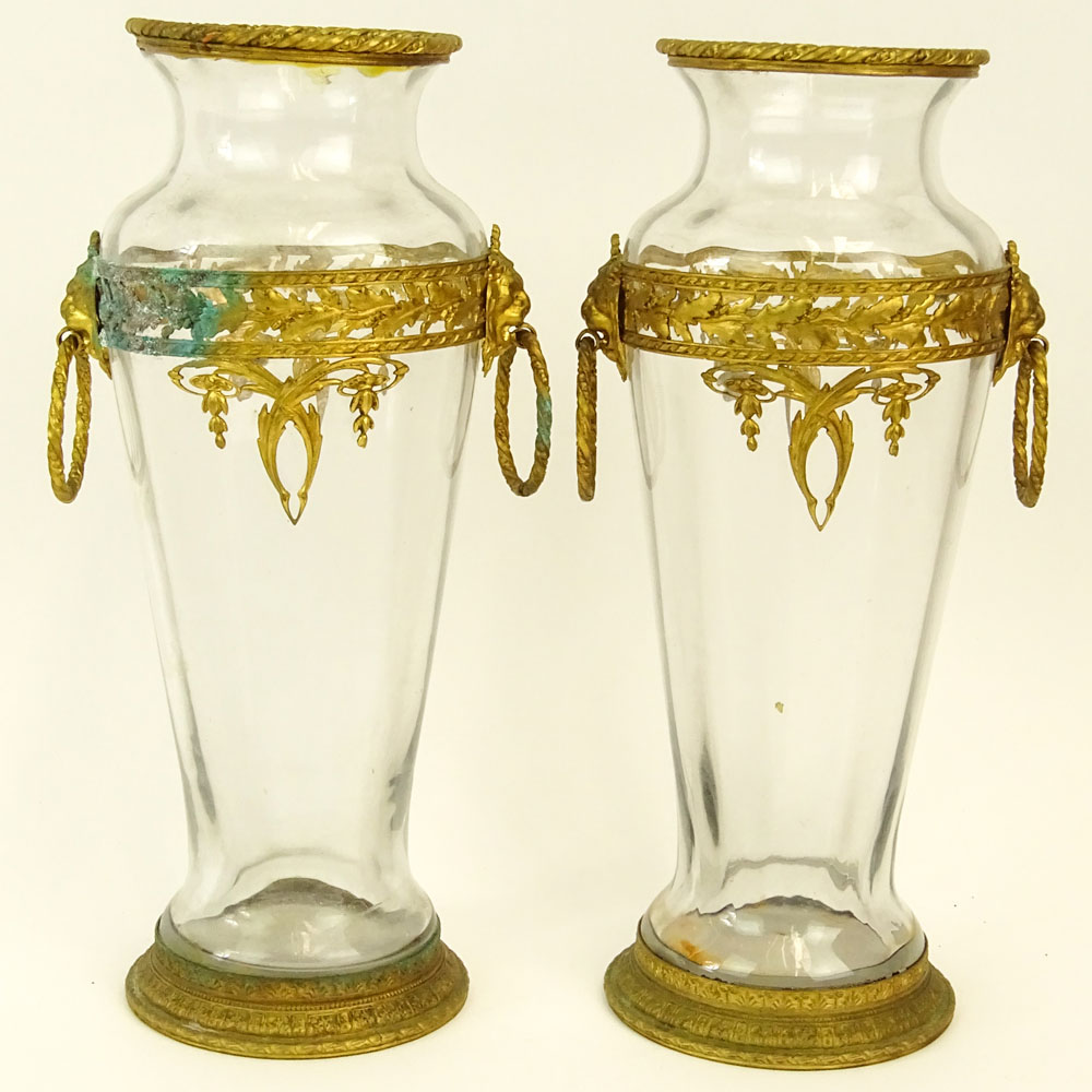 Pair of Gilt Metal Mounted Glass Vases With Mask Ring Handles.