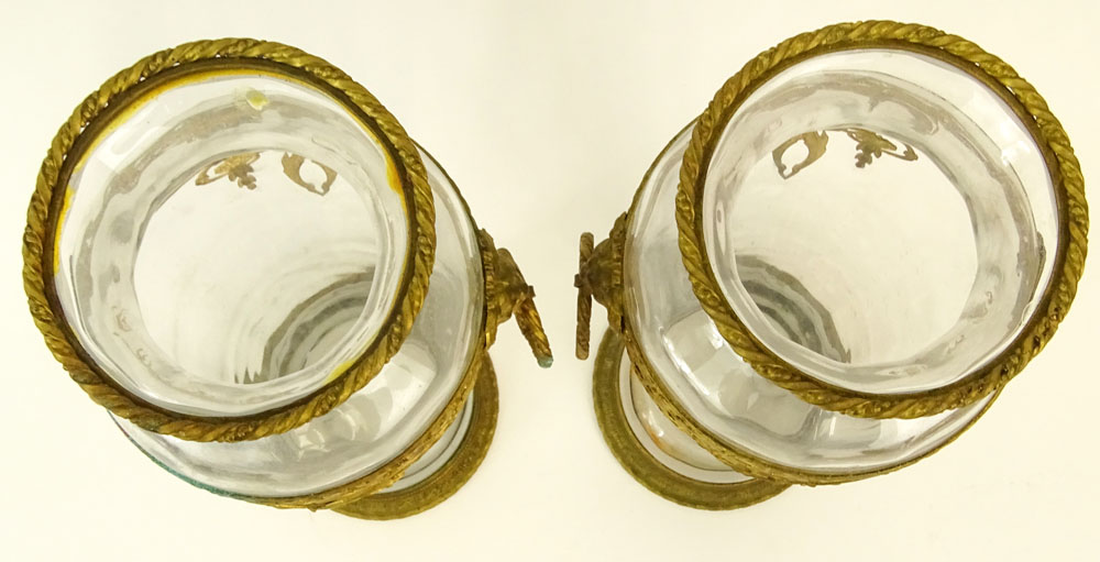 Pair of Gilt Metal Mounted Glass Vases With Mask Ring Handles.