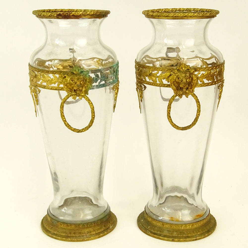 Pair of Gilt Metal Mounted Glass Vases With Mask Ring Handles.