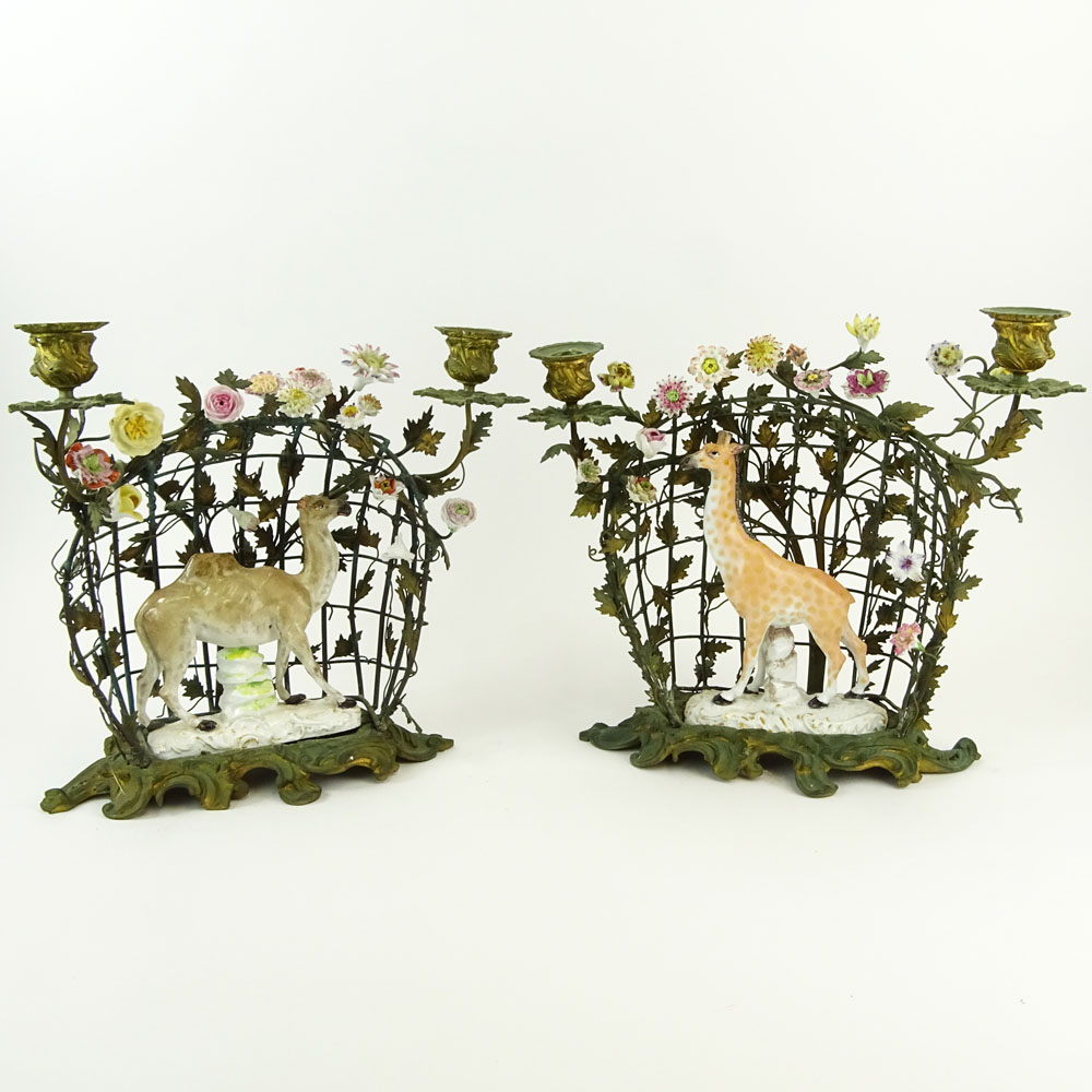 Interesting Pair 19/20th Century Porcelain Animal Figurines Mounted In a Bronze "Cage" 2 Light Candelabra 