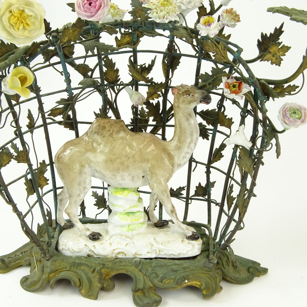 Interesting Pair 19/20th Century Porcelain Animal Figurines Mounted In a Bronze "Cage" 2 Light Candelabra 