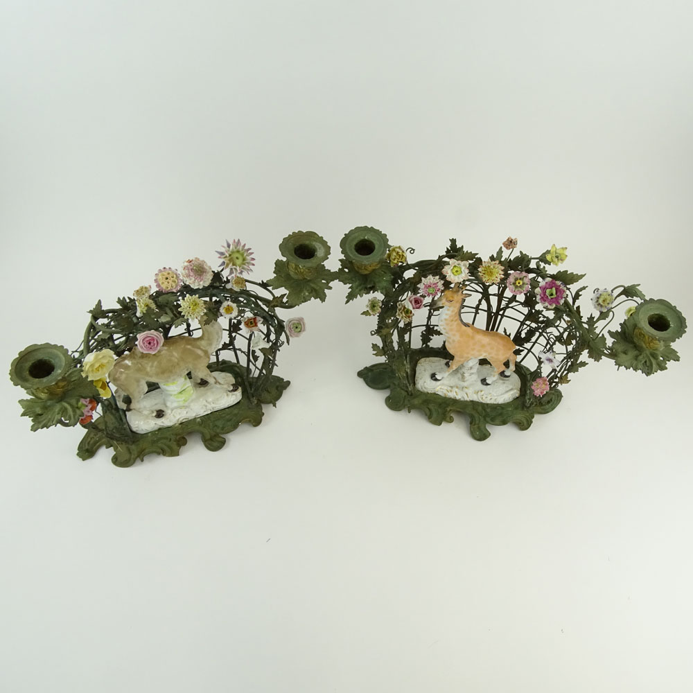 Interesting Pair 19/20th Century Porcelain Animal Figurines Mounted In a Bronze "Cage" 2 Light Candelabra 