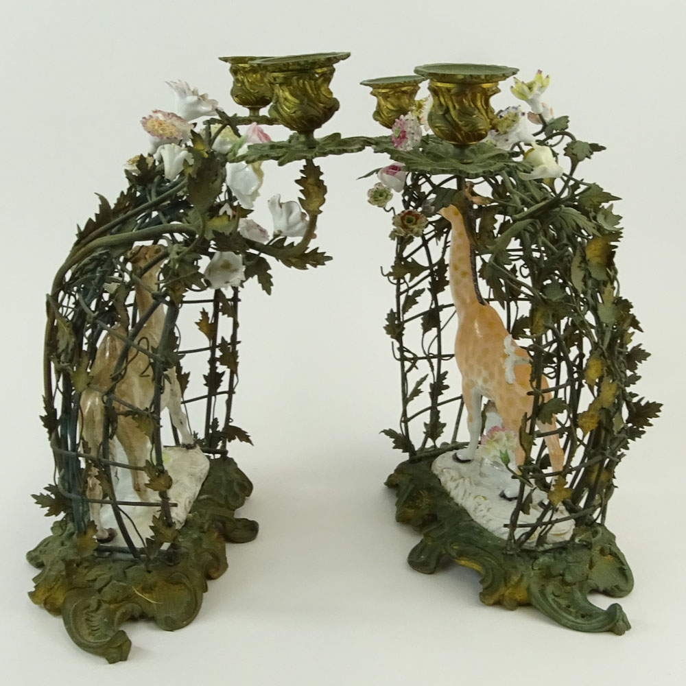 Interesting Pair 19/20th Century Porcelain Animal Figurines Mounted In a Bronze "Cage" 2 Light Candelabra 