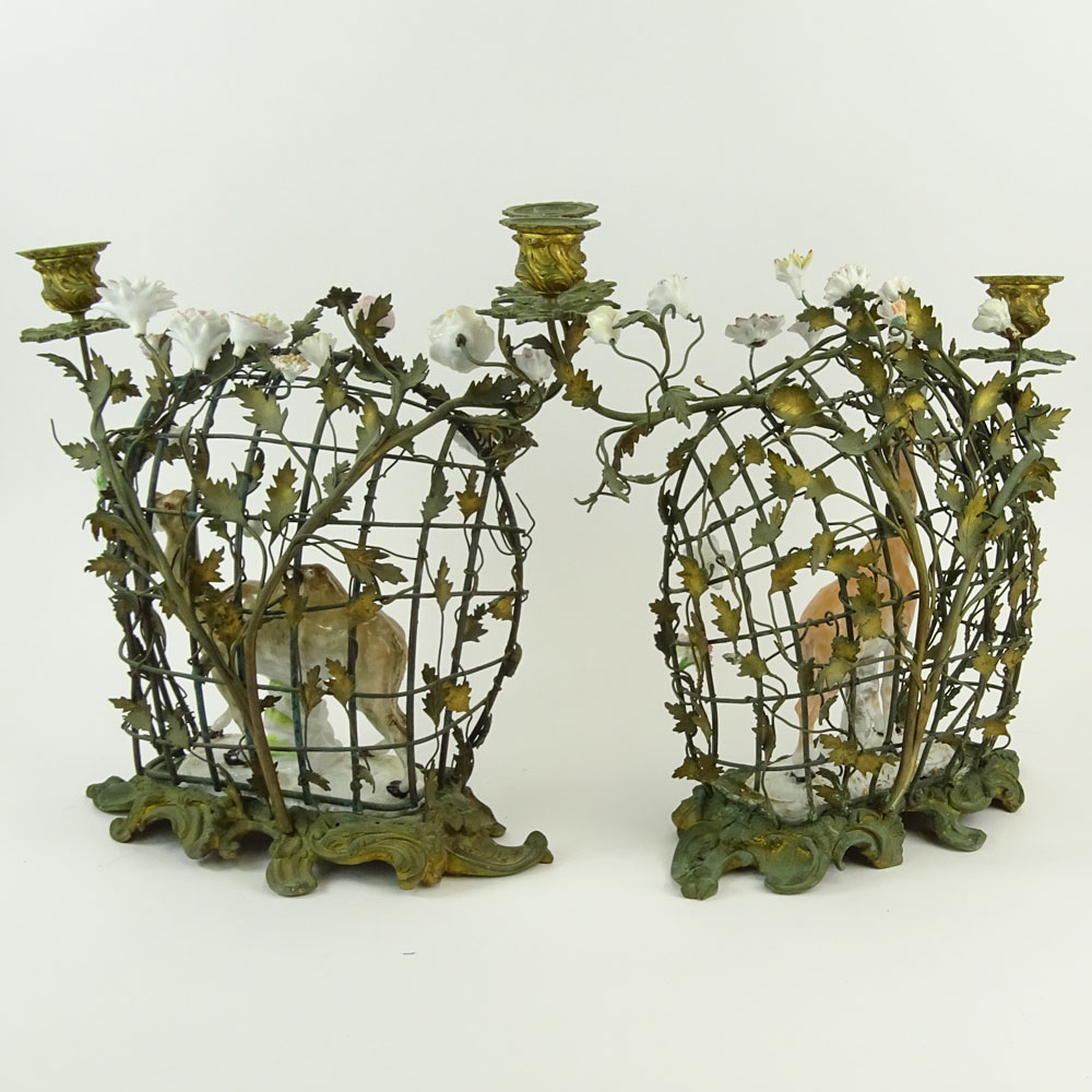 Interesting Pair 19/20th Century Porcelain Animal Figurines Mounted In a Bronze "Cage" 2 Light Candelabra 