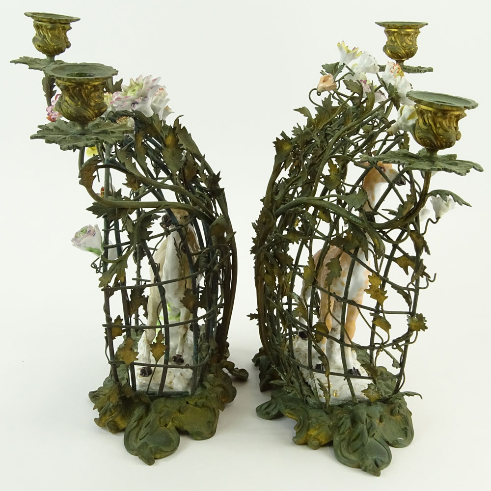 Interesting Pair 19/20th Century Porcelain Animal Figurines Mounted In a Bronze "Cage" 2 Light Candelabra 