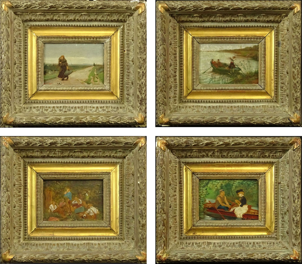 Collection of 4 Antique Continental Miniature Oil Paintings on Panels.