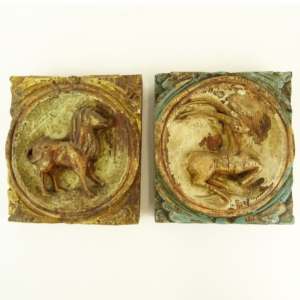 Two (2) Early 20th C Addison Mizner Carved Painted Wall Plaques/Medallions with Animals.