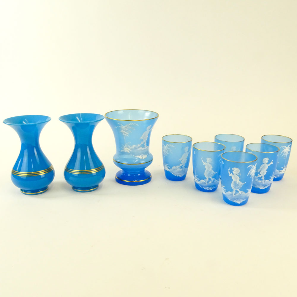 Lot of Nine (9) Blue Opaline Glass Tabletop Items