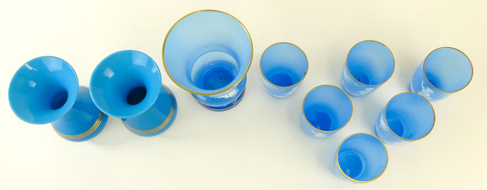 Lot of Nine (9) Blue Opaline Glass Tabletop Items