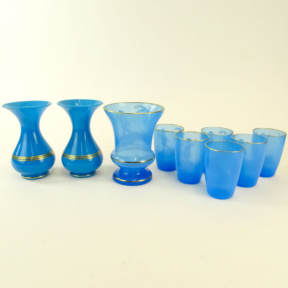 Lot of Nine (9) Blue Opaline Glass Tabletop Items
