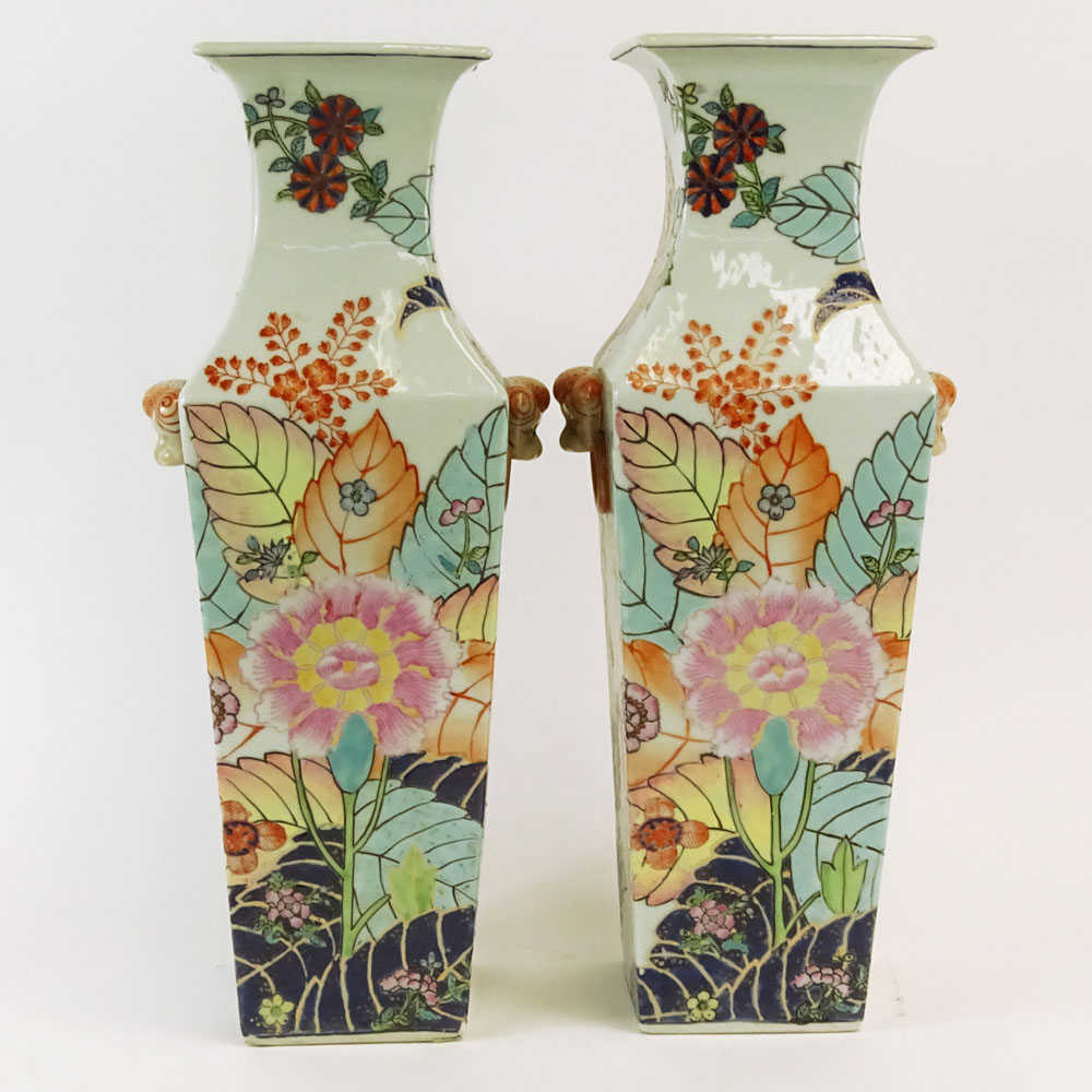 Pair Vintage La Maison au Soleil Porcelain Square Tobacco Leaf Vases with Mock Lion Head Handles.