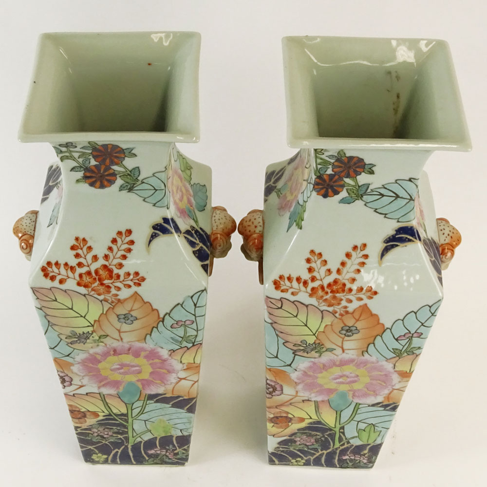 Pair Vintage La Maison au Soleil Porcelain Square Tobacco Leaf Vases with Mock Lion Head Handles.