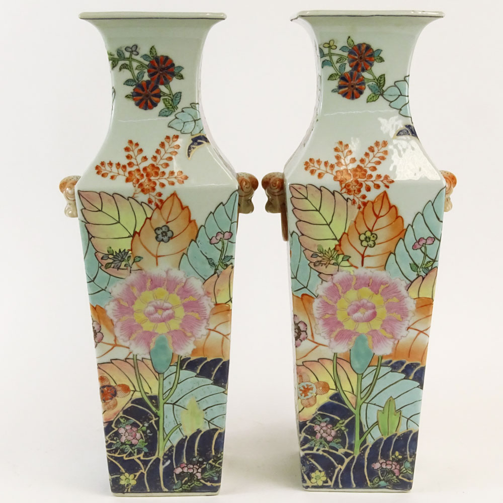 Pair Vintage La Maison au Soleil Porcelain Square Tobacco Leaf Vases with Mock Lion Head Handles.