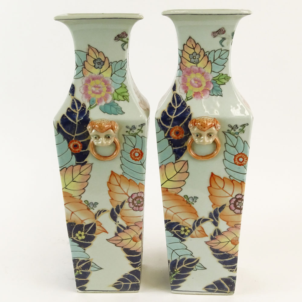 Pair Vintage La Maison au Soleil Porcelain Square Tobacco Leaf Vases with Mock Lion Head Handles.