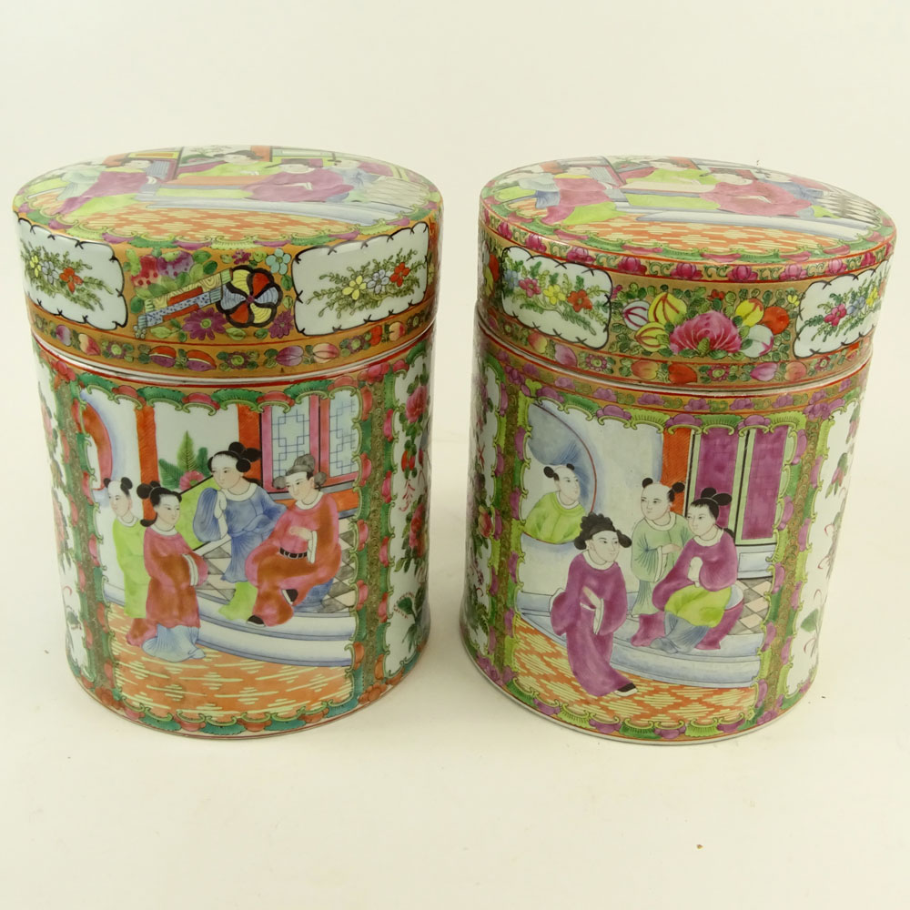 Pair 20th Century Chinese Porcelain Rose Medallion Covered Jars.