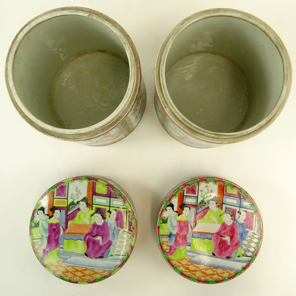Pair 20th Century Chinese Porcelain Rose Medallion Covered Jars.