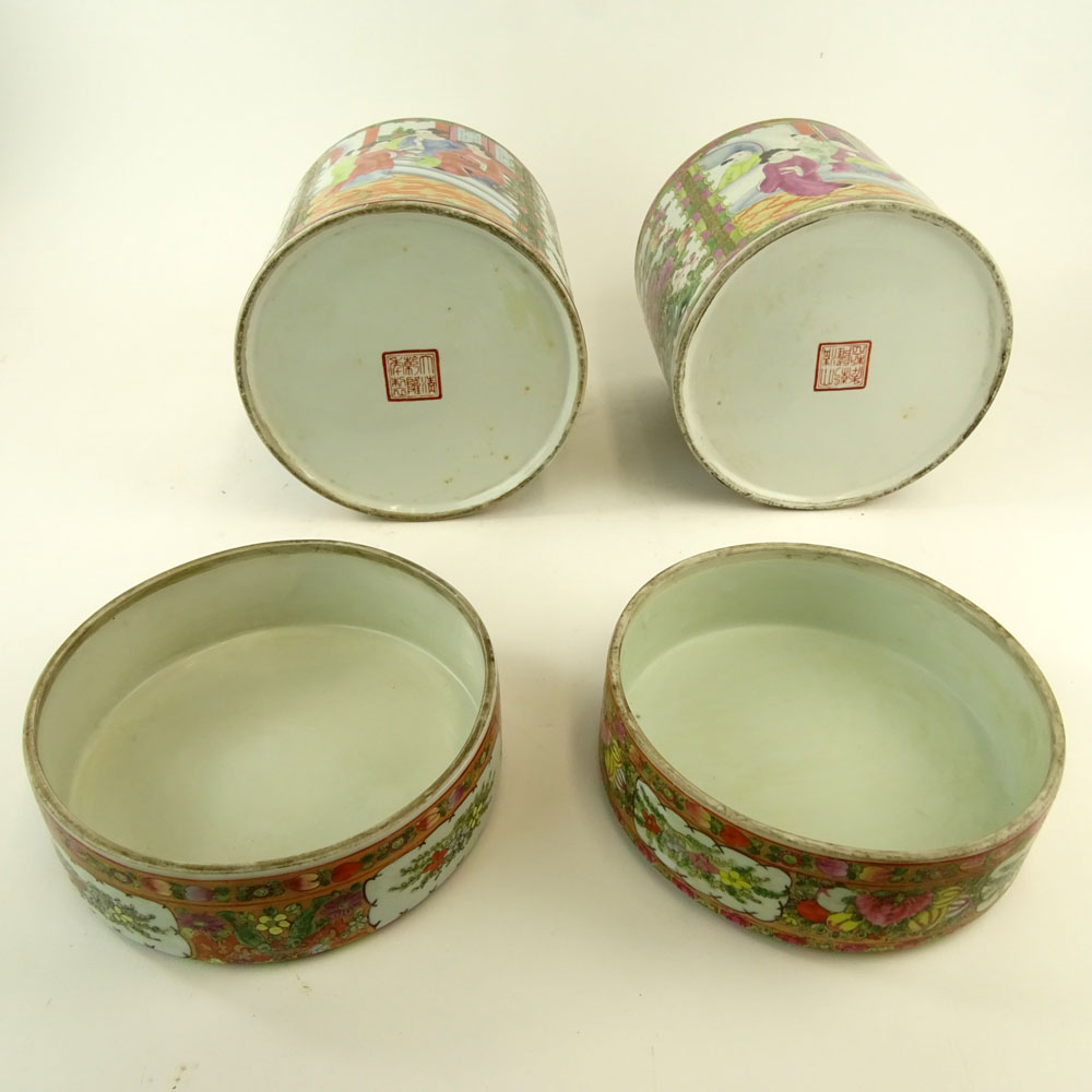 Pair 20th Century Chinese Porcelain Rose Medallion Covered Jars.