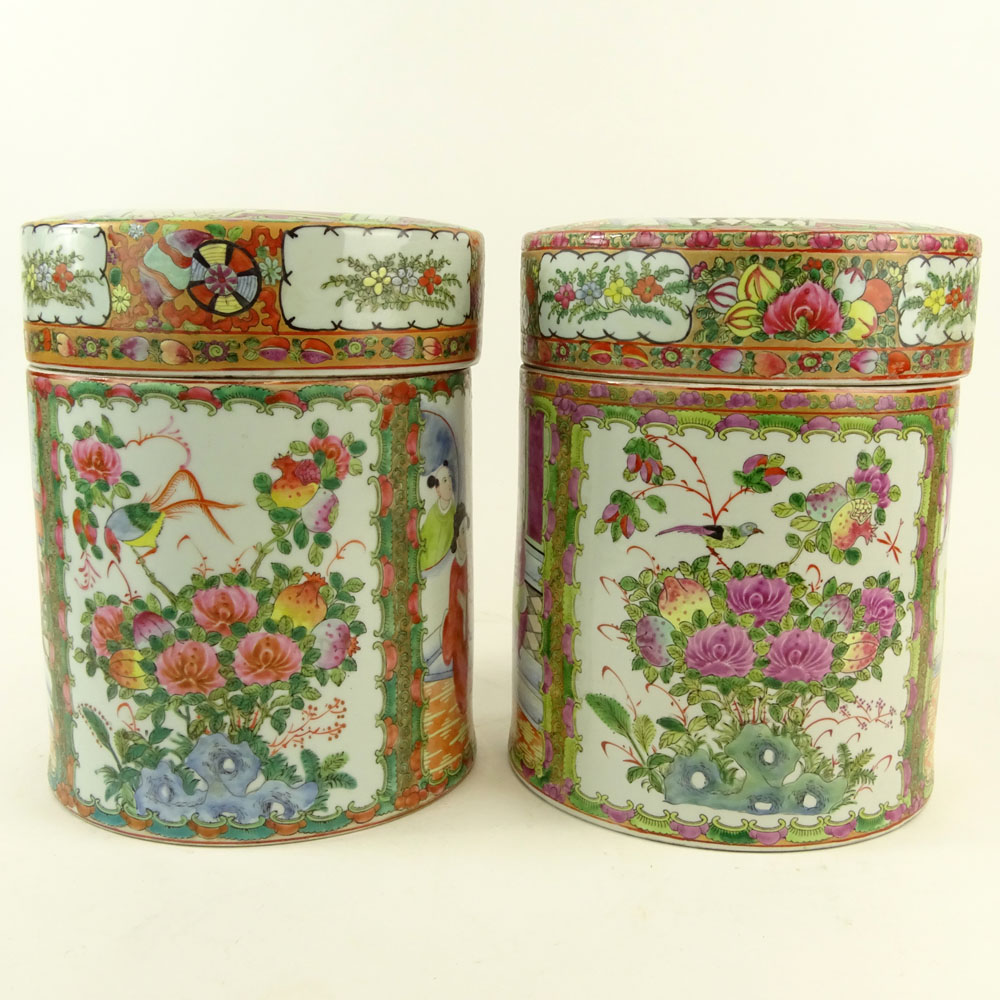 Pair 20th Century Chinese Porcelain Rose Medallion Covered Jars.