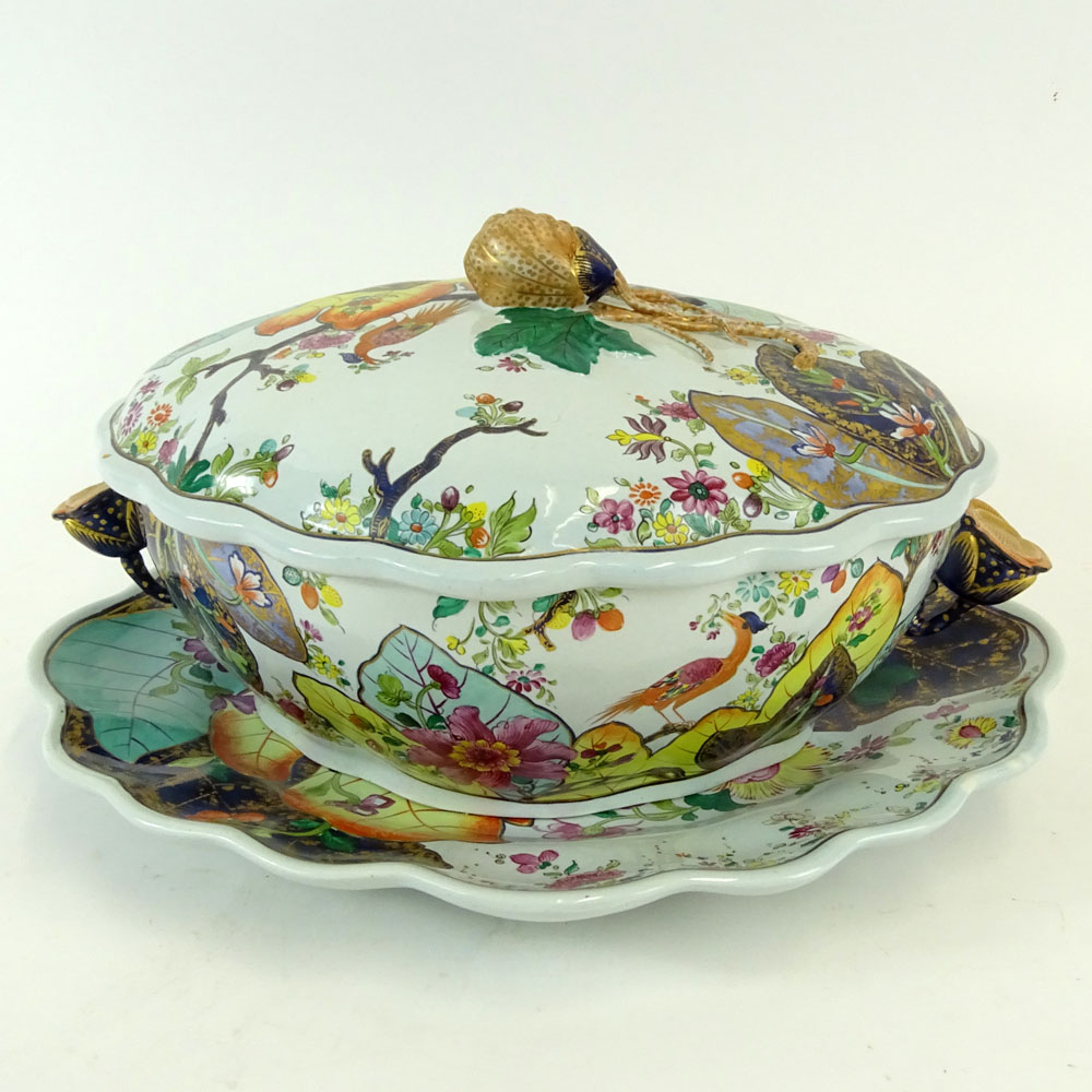 Vintage Mottahedeh Tobacco Leaf Large Covered Tureen with underplate and fruit finial.