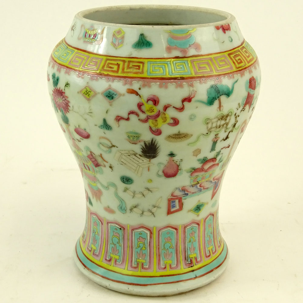 19th Century Chinese Porcelain Famille Rose Baluster Form Vase Lacking Lid.