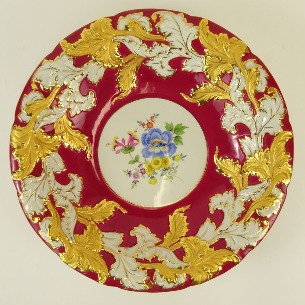 Large Meissen Hand Painted and Parcel Gilt Bowl With Red Border. Floral motif.