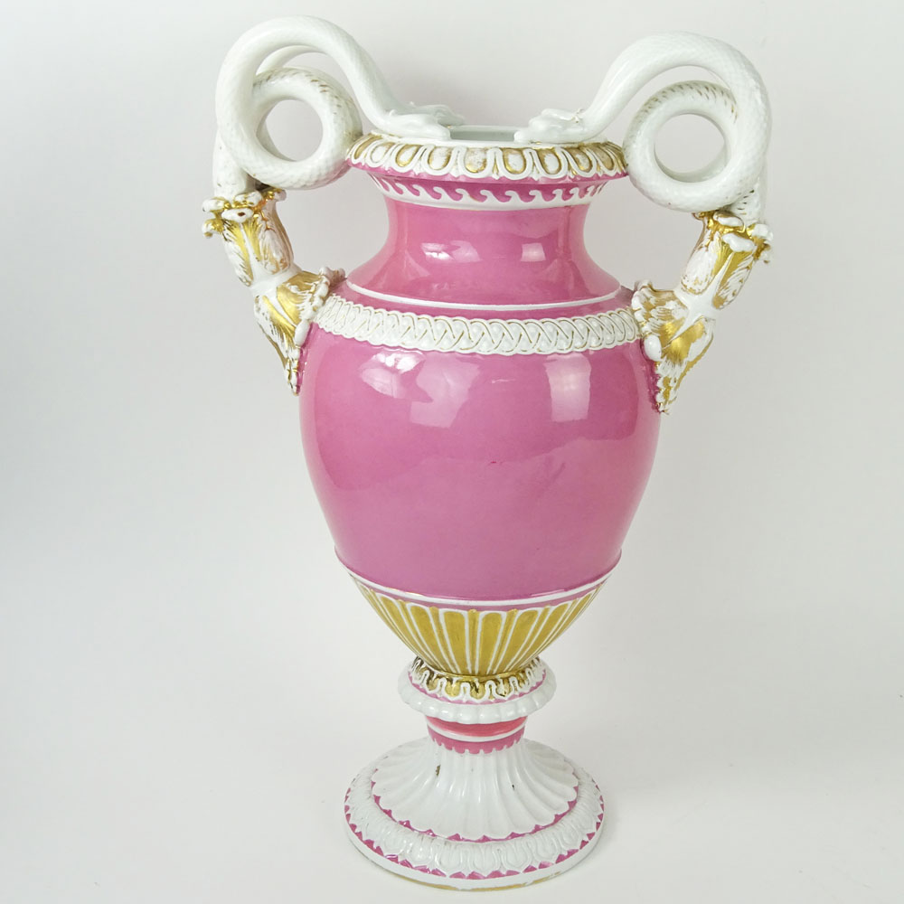 Large Meissen Snake Handle Porcelain Bolted Urn in Pink White and Parcel Gilt.