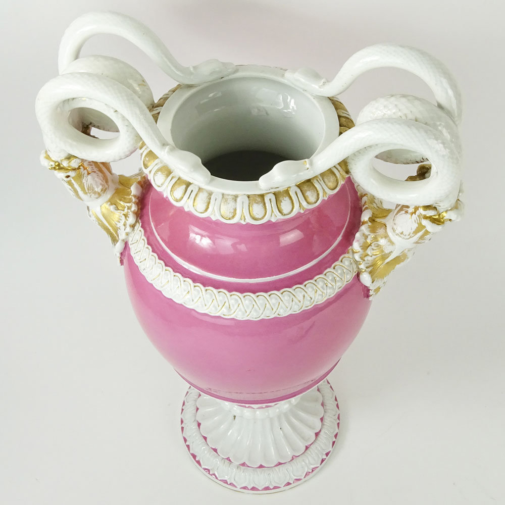 Large Meissen Snake Handle Porcelain Bolted Urn in Pink White and Parcel Gilt.