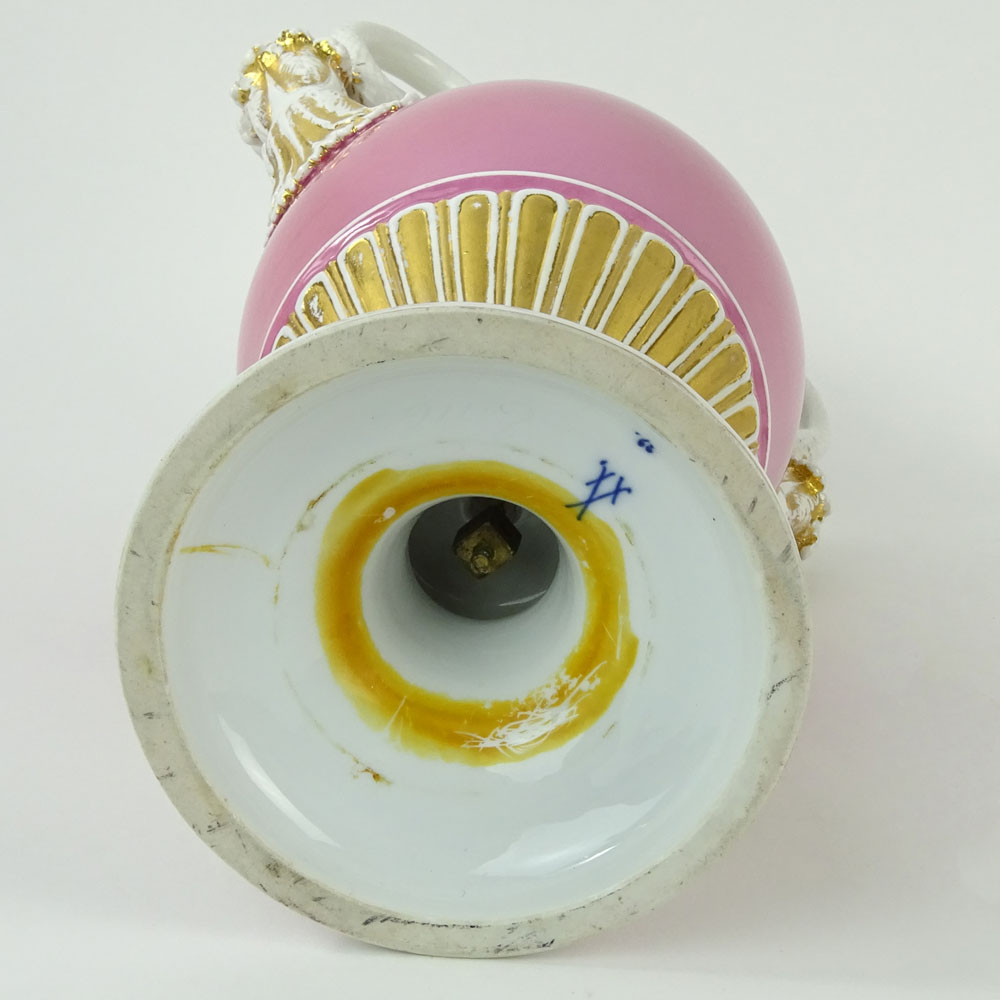 Large Meissen Snake Handle Porcelain Bolted Urn in Pink White and Parcel Gilt.